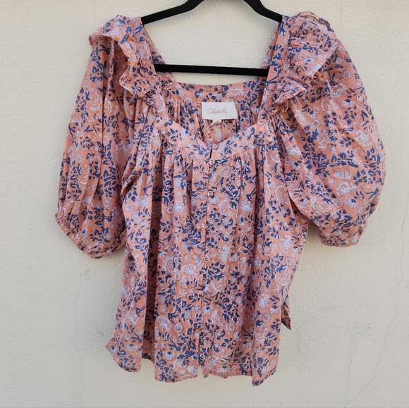 CLEOBELLA Mariana Puff Short Sleeve Blouse in Peach Positano Floral - Picture 2 of 9